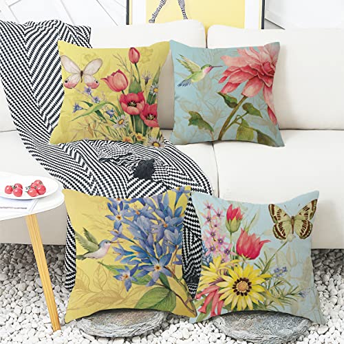 wyooxoo Spring Summer Pillow Covers 20x20 Set of 4 Decorative Throw Pillow Covers Linen Flower Butterfly Farmhouse Pillowcases for Sofa Couch Living Room Outdoor - color: Color B, size: 20" x 20" (Pack of 4)
