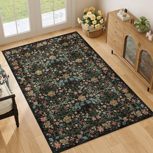 DUKINO 4x6 Rugs for Living Room, Lightweight Non Slip Washable Rug with Low Pile Design, Vintage Floral Non-Shedding Soft Carpet for Living Room, Bedroom, Farmhouse, Office, Bathroom, Black - color: Black, size: 4' x 6' (Rectangular)