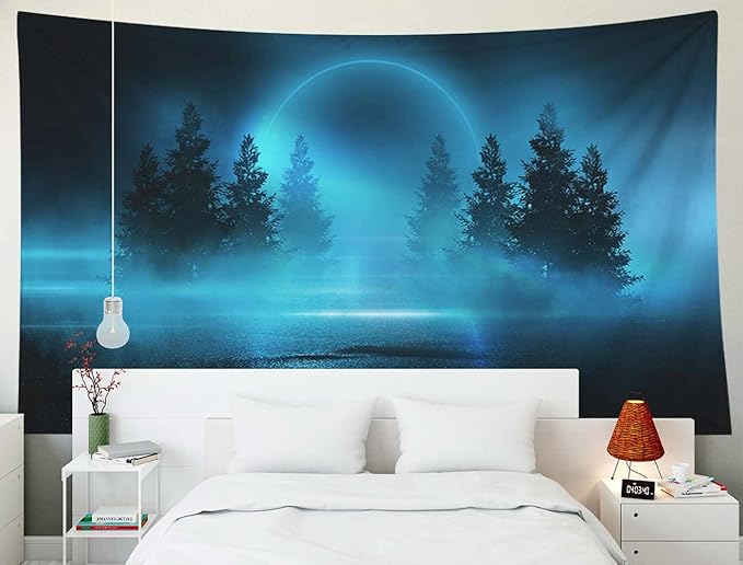 EMMTEEY Magical Forest Moonlight Shine Dark Natural Scene with Reflection in the Water Neon Blue Tapestry 80x60