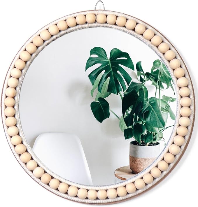 Poeme Boho Wall Mounted Circle Mirror, Wooden Round Wall Decor for Bathroom Living Room Bedroom, Decorative Hanging Farmhouse Nursery Furniture (14 Inch)
