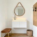 POZINO Wood Beaded Mirror, 20" Boho Round Mirror for Wall, Farmhouse Hanging Rustic Mirrors with Rope, Spherical Frame Circle Mirrors for Bathroom Bedroom Living Room Hallway Fireplace
