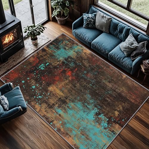 COLORCITY Distressed Rug 4x5 - Abstract Retro Rust Area Rugs for Bedroom Living Room, Contemporary Art Machine Washable | Non-Slip | Soft Carpets, Abstract Room Decor, (Brown Turquoise Red) - color: Brown Turquoise Red, size: 4' x 5' (Rectangular)