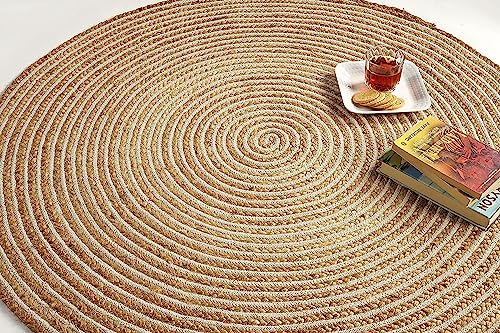 GRUHUM Handwoven 9ft Jute Area Rug Natural Fiber Cotton Round Boho Farmhouse Rustic Vintage Soft Braided Reversible Eco Friendly Rugs- Indoor Outdoor Kitchen Bedroom Living Room Hallways (9'ft Round) - color: Natural- 13, size: 9' (Round)