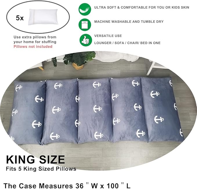 ICOPUCA Floor Lounger Pillow Casing for Boy Girl, Soft Minky Plush, Anchor Print, Cover/Sleeve/Casing Only! Perfect for Reading and Watching TV Cushion - Excellent for Sleepovers, King Size