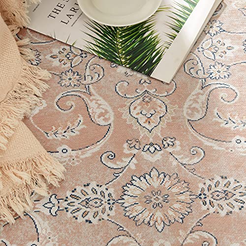 jinchan Area Rug 5x7 Washable Pink Vintage Rug Indoor Mat Traditional Foldable Distressed Thin Retro Floral Print Rug Floor Non Slip Carpet Kitchen Bedroom Living Room Dining Room - color: Vintage Pink, size: 5' x 7' (Rectangular)