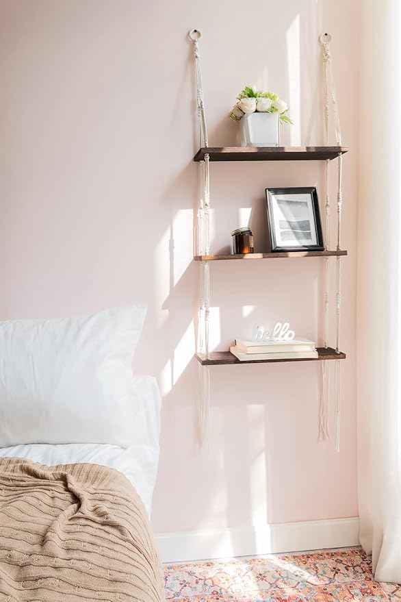 Mkono Macrame Wall Hanging Shelf 3 Tier Wood Floating Shelves with Cute Woven Rope Boho Room Decor Display Photos Plant Hanging Storage Shelves for Bathroom, Bedroom, Living Room, Nursery