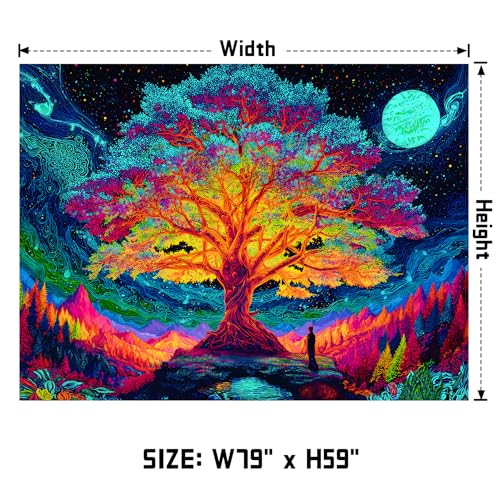 AOHMPT Blacklight Tree of Life Tapestry Trippy Fluorescent Wall Hanging Psychedelic Moon Mountain Glow in the Dark Galaxy Tapestries for Bedroom Decor, 79x59 In - color: Tree(2), size: 79"L x 59"W