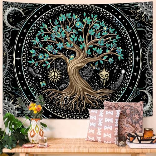 Lunerfex Tree of Life Tapastry Butterfly Moon Tapastry Flower Green Tree Tapestries Mandala Wall Hanging for Bedroom and Living Room Decor 44×60 Inches - color: Dark Green, size: 60"L x 44"W