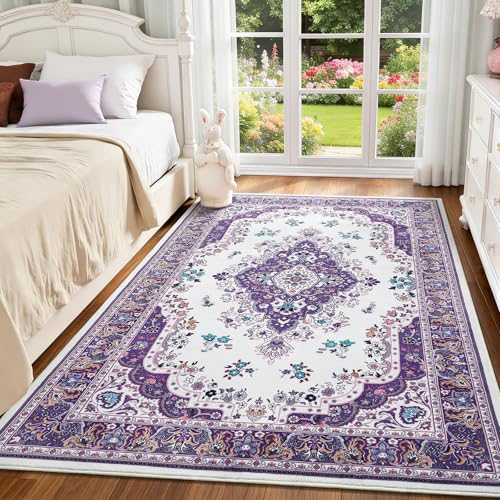 HOMORE Area Rug 3x5 Purple Rugs for Bedroom Living Room, Non Slip Washable Throw Rug for Kitchen Ultra Thin Low Pile Vintage Rugs for Entryway Floral Rug for Dinning Room Office - color: Purple, size: 3' x 5' (Rectangular)