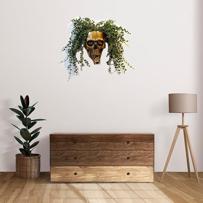 Gothic Skull Planter - Wall or Table Top, Unique Gold Skull Face Vase with Drainage, Spooky Indoor/Outdoor Plants