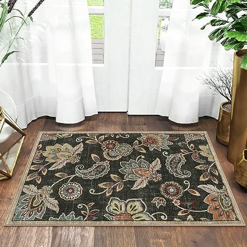 Morebes Floral Door Rugs for Entryway Indoor, Small 2x3 Throw Rug Non Slip,Washable Paisley Rugs for Kitchen Floor,Non Shedding Throw Carpet for Bedroom Bathroom Dorm Entry, Brownish Black - color: Brownish Black, size: 2' x 3' (Rectangular)
