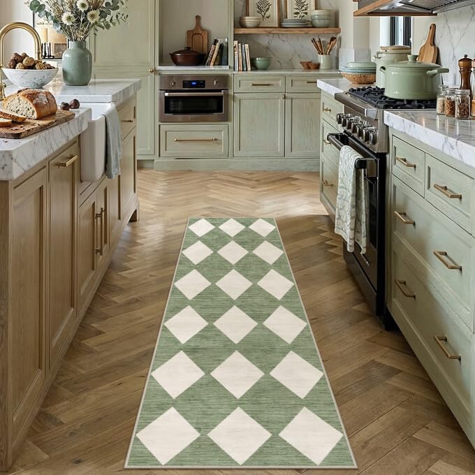 PureCozy Checkered 2x6 Runner Rug for Hallways Green and White Washable Long Carpet Non-Slip Low Pile Modern Soft Indoor Accent Throw Rugs for Entrance Kitchen Bedroom Dining Laundry - color: Checkered Green, size: 2' x 6' (Runner)
