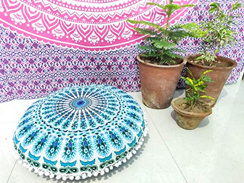 INDIAN CRAFT CASTLE 24" Green Peacock Mandala Barmeri Large Floor Pillow Cover Cushion Meditation Seating Ottoman Throw Cover Hippie Decorative Zipped Bohemian Pouf Ottoman Pom Pom Cases 24" Round - color: Green and White, style: 24 Inch Round