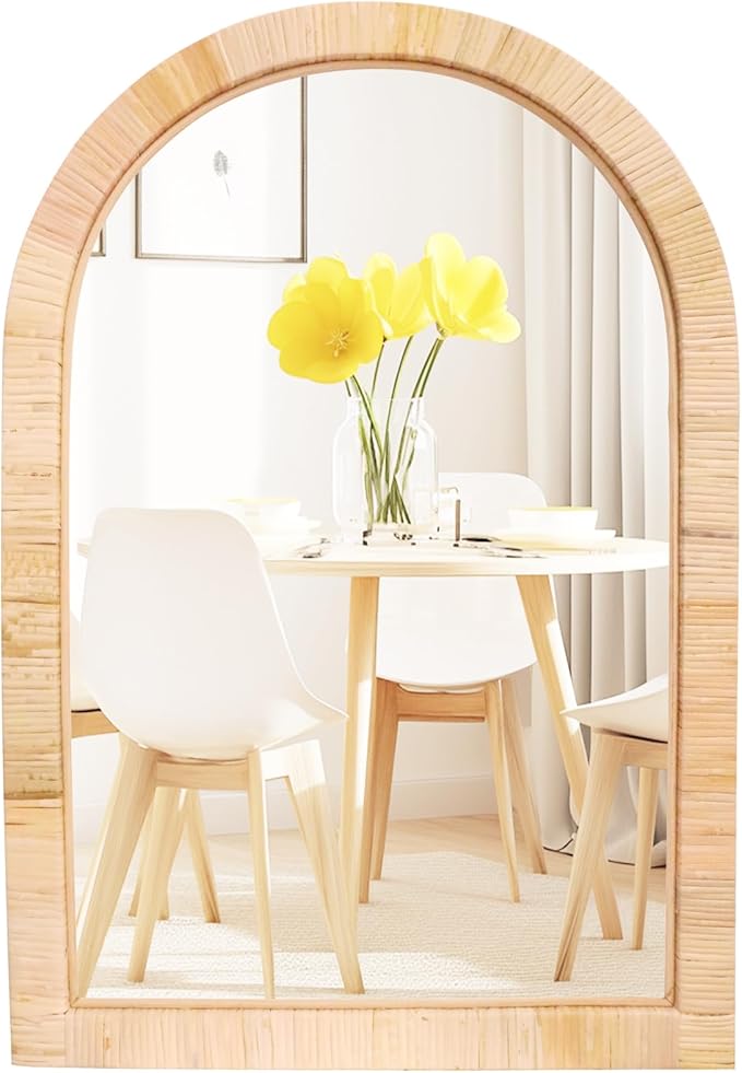 Rattan Mirror,Arch Boho Bathroom Mirror for Wall,20x30 Wicker Vanity Mirror for Nursery Décor,Coastal Farmhouse Wood Mirror for Bedroom Entryway Living Room