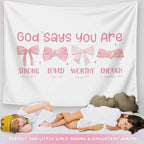 LIANGW Pink Coquette Bow Christian Tapestry, Inspirational Christian Tapestry for Women, Indoor Outdoor Wall Art Tapestries for Bedroom, Girl pink Room Decoration Living Room Bedroom 50x60 inches