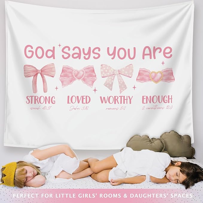 LIANGW Pink Coquette Bow Christian Tapestry, Inspirational Christian Tapestry for Women, Indoor Outdoor Wall Art Tapestries for Bedroom, Girl pink Room Decoration Living Room Bedroom 50x60 inches
