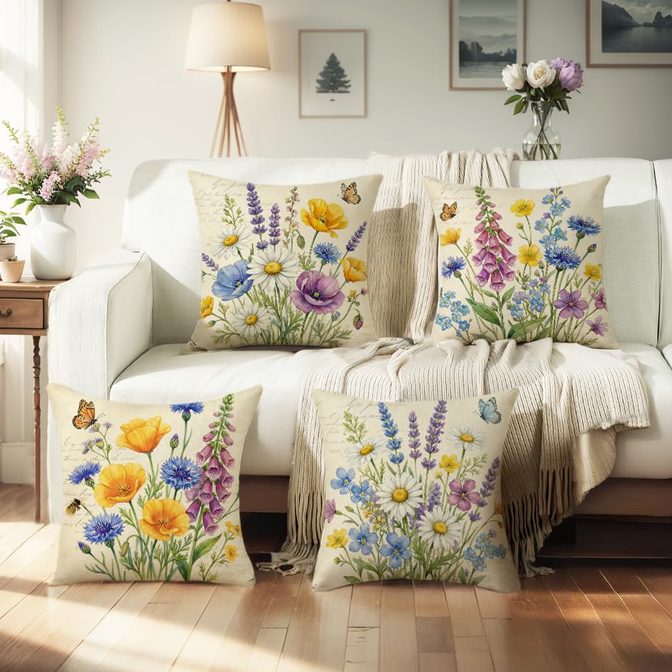 wyooxoo Throw Pillow Covers 18x18 Set of 4 Spring Pillow Covers Linen Flower Farmhouse Cushion Case for Sofa Couch Living Room Outdoor Home Decor - color: Color Q, size: 18" x 18" (Pack of 4)