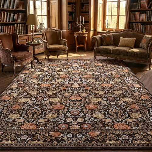 GarveeHome Brown Vintage Floral Washable Rugs 5x7 for Living Room Black Boho Botanical Retro Rug Low Pile Stain Resistance Non Slip Carpet for Bedroom Nursery Dining Room - color: A Brown / Black, size: 5' x 7' (Rectangular)