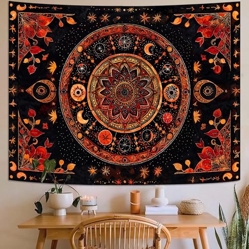 Lunerfex Mandala Moon and Stars Tapestry Boho Tapestry for Bedroom Black and Orange Tapestries Wall Hanging Living Room Wall Art and Home Decor 60x80 - color: Red, size: 80"L x 60"W