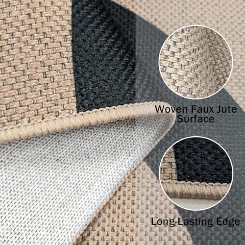 Faux Jute Rug 2.6x5Ft Half Circle Rainbow Doormat Easy Jute Carpet for Farmhouse Bedroom Kitchen, Non-Slip Half Round Neutral Floor Mat for Living Room Kids Room Indoor Outdoor Decor, Black 2 - color: Black 2, size: 2.6'x5'