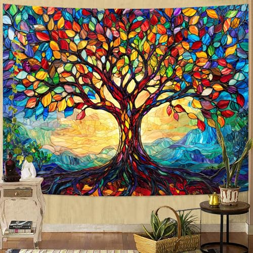 Lunerfex Tree of Life Tapestry Stained Glass Tapestry Wall Decor Tapestries for Bedroom Art Tapestries Wall Hanging for Bedroom Living Room Glass-Tree-01 44"x60" - color: Colorful Blue, size: 60"L x 44"W