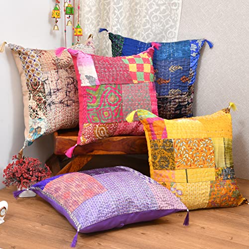 18X18 Indian Ethnic Bohemian Set of 5 Decorative Colorful Square for Sofa Set Home Decorative Floral Design Boho Throw Pillow Case Silk Cushion Cover