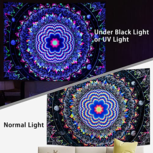 Amonercvita Blacklight Tapestry Trippy Mandala Tapestries UV Reactive Galaxy Stars Tapestry Psychedelic Neon Tapestries Wall Hanging Hippie Black Light Poster for Bedroom - size: 59.1"L x 78.7"W