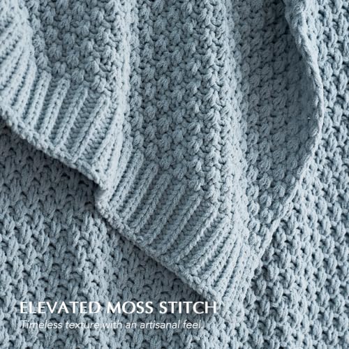 EVERGRACEHOME Chunky Polyester Knit Throw Blanket for Couch, Soft Luxurious Oversized King Moss Stitch Blanket for Bed, Large Cozy Farmhouse Knitted Throw for Sofa, Chambray Blue, 108" x 92" - color: Chambray Blue, size: 108" X 92"