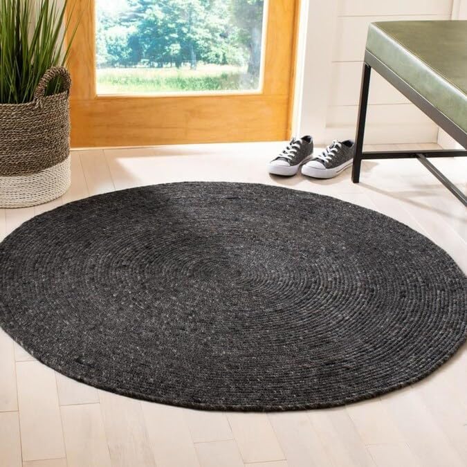 FRELISH DECOR Handwoven Jute Area Rug - Black Round Rustic Vintage Braided Reversible Rug - Eco Friendly Rug for Bedroom - Kitchen - Living Room - Farmhouse (5' Round - Black)