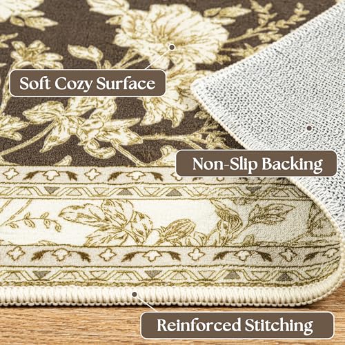 Brown Runner Rugs 2x6 for Hallway Kitchen Bedroom Beside Laundry Room Bathroom Rug Boho Modern Washable Non Slip Low Pile Stain Resistant Soft Long Carpet Mat Brown Cream Beige Floral Pattern - color: Sketch Floral Brown, size: 2' x 6' (Rectangular)