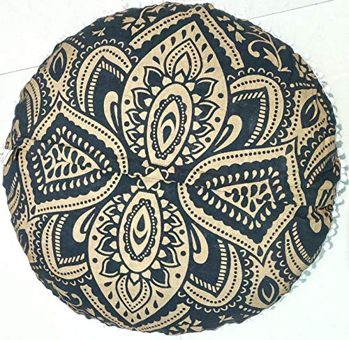 CRAFT KALA Mandala Floor Pillow Cushion Cover Seating Throw Cover Hippie Decorative Bohemian Ottoman Poufs Pom Pom Pillow Cases Boho Indian Cotton Living Room Home Décor 24" Round Black Gold Flower - color: Black Gold Flower, size: 24" x 24" (Pack of 1)