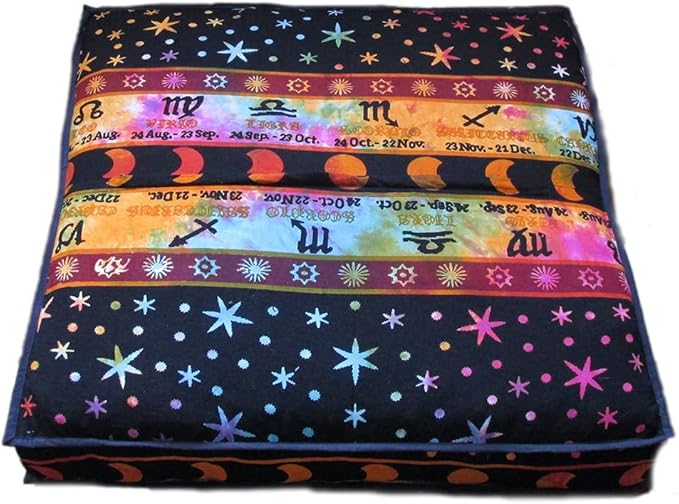 CRAFT KALA Mandala Floor Pillow Cushion Cover Seating Throw Cover Hippie Decorative Bohemian Ottoman Poufs Pom Pom Pillow Cases Boho Indian Cotton Living Room Yoga Home Décor 35" Square, Multi Zodiac