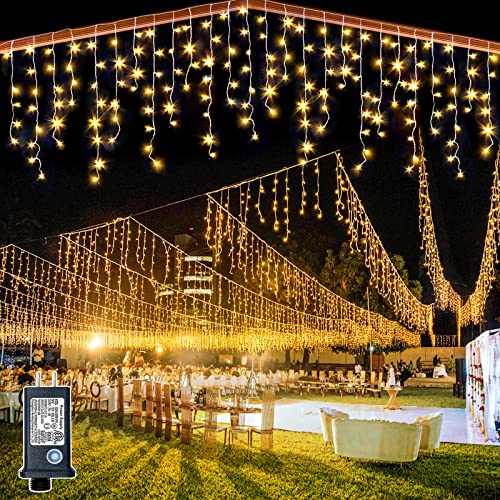 132ft Icicle Lights for Outside - 1280 LED Warm White Twinkle Lights with 240 Drops, 8 Modes Plug in Waterproof Timer Memory. Cannot be Extended. The Plug is in the Middle (66ft+66ft) - color: Warm White, size: 1280LED/132ft