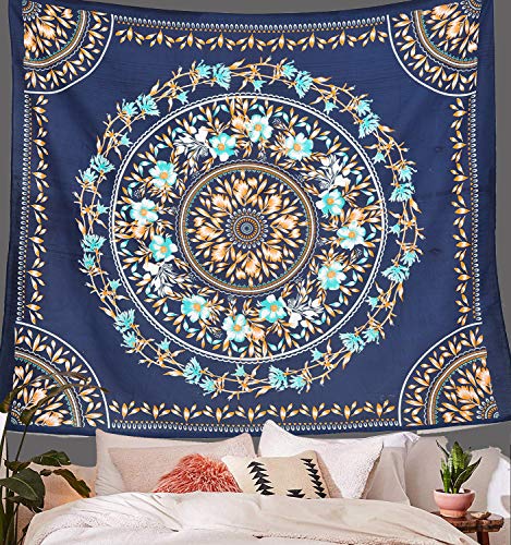 ANJANIYA Floral Mandala Wall Art - Indian Tapestry Dorm Decor Hippie Wall Hanging Psychedelic - Bohemian Decor (Navy Blue, 54"X60") - color: Navy Blue, size: 60"L x 54"W