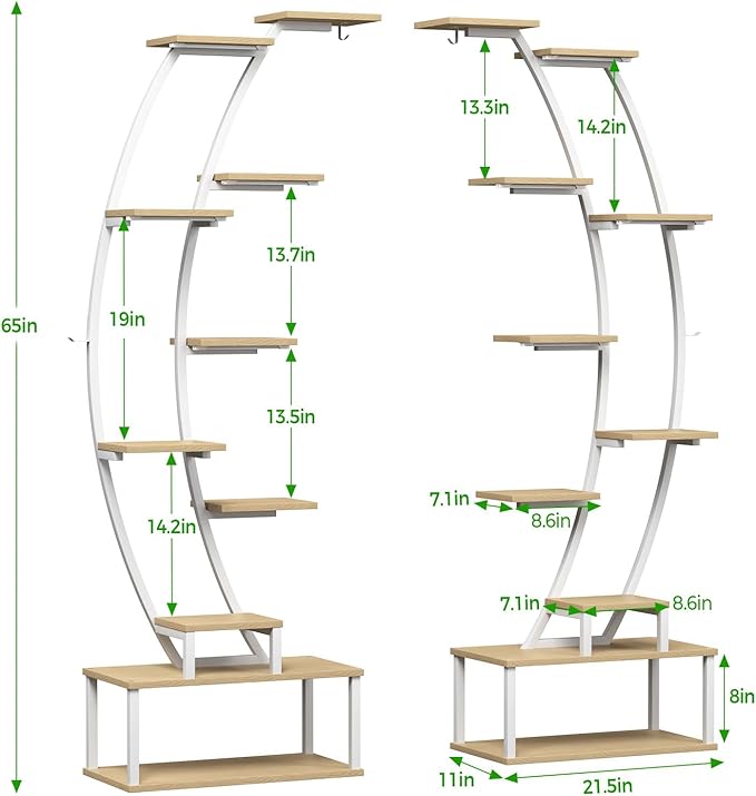 Plant Stand Shelf Rack Indoor with 8 Built in Grow Light, 10 Tiered 65" Tall White Large Lighted Half Moon Curved Plant Stand for Indoor Growing, 2 Pack Arch Sturdy High Herb Shelving