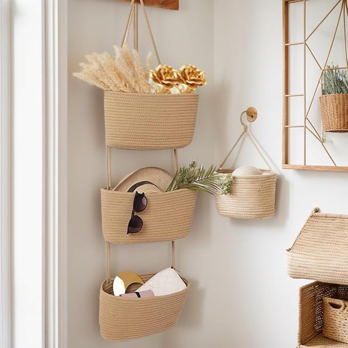 Over the Door Organizer, 3 Tier Hanging Wall Basket Storage for a Stylish and Clutter-free Space, Ideal for Boho Room Decor and Nursery Decor