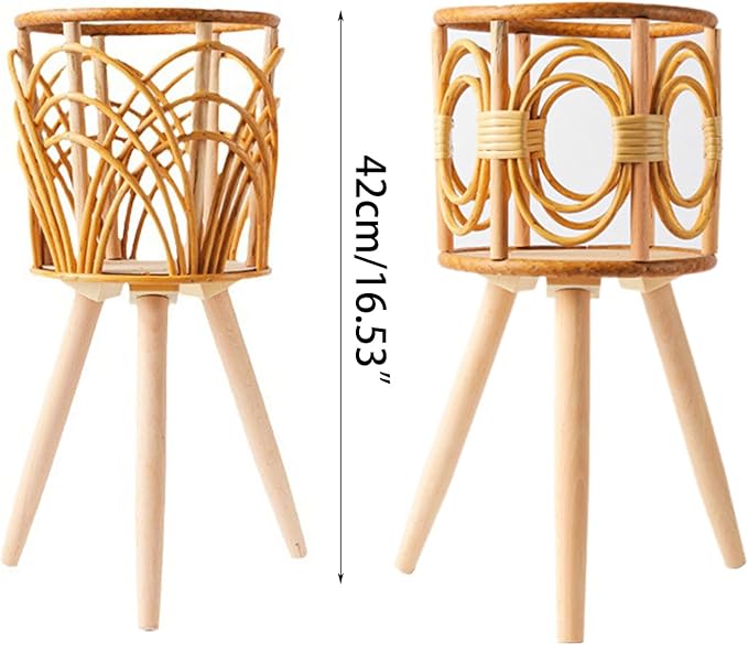 Rattan Indoor Plant Stand Straw Woven Flowers Pot Holder Stool With Legs Floor Planter Baskets Rack Wooden Plant Shelf