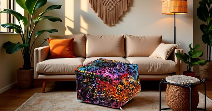 CRAFT KALA Square Mandala Floor Pillow Cushion Cover Seating Throw Cover Hippie Decorative Bohemian Ottoman Cover Poufs Pom Pillow Cases Boho Cotton Living Room Home Décor 22X22X14 inches, Multi Star