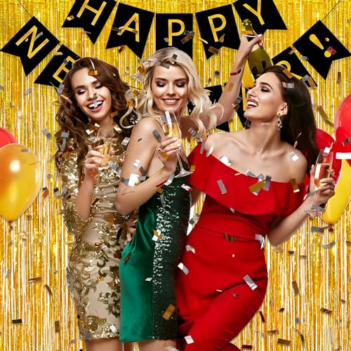 Gold Fringe Curtain Tinsel Backdrop - GREATRIL Foil Fringe Curtain Party Streamers for Prom 2026 NYE New Years Eve Birthdays Christmas Theme Party Decorations Pack of 2 - color: Gold