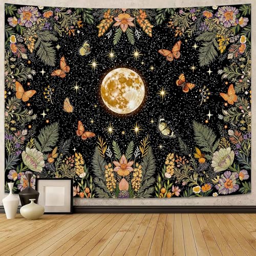 Kanuyee Moon and Butterfly Tapestry Nature Style Tapestry for Bedroom Celestial Starry Sky tapestries Wall Hanging Aesthetic Room Decor Full Moon with Butterfly 80"x60" - color: Black White, size: 80"L x 60"W