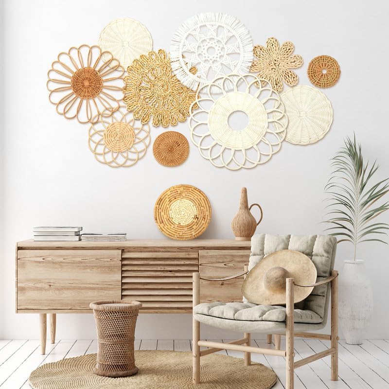 Tatuo 11 Pcs Boho Wall Basket Decor Bulrush Woven Wall Hanging Art Round Farmhouse Rustic Handmade Wicker for Summer Home, Bedroom, Living Room, Kitchen Decorations, Multi Sizes(Novel) - style: Novel
