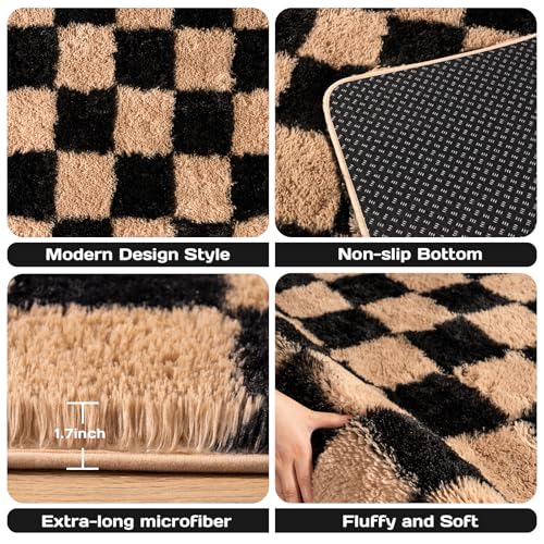 Area Rugs for Living Room Bedroom 9x12, Ultra Fluffy Shag Checkered Rug Modern Washable Carpet Soft Shaggy Non Slip Indoor Plush Fuzzy Rugs for Bedroom Dorm Office Home Aesthetic Decor, Black & Beige - color: Black & Beige, size: 9' x 12' (Rectangular)