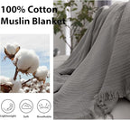 Simple&Opulence Cotton Muslin Throw Blanket for Bed, Couch, Knit Woven Gauze Blanket with Tassels, Soft Lightweight Cozy Pre-Washed Breathable Farmhouse Decoration for All-Season (Grey)