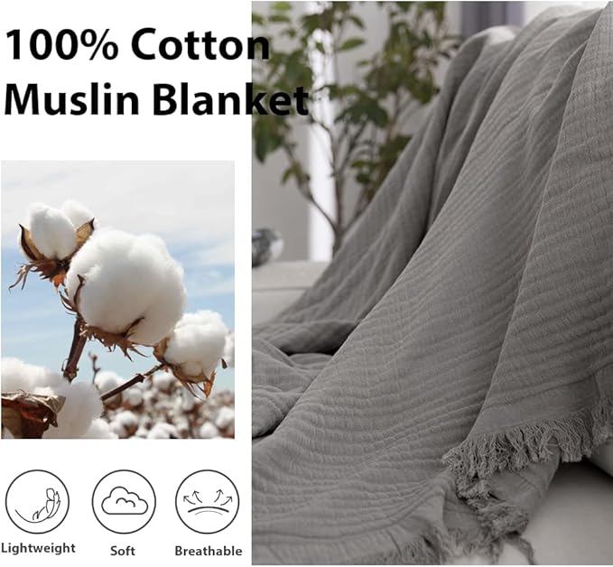 Simple&Opulence Cotton Muslin Throw Blanket for Bed, Couch, Knit Woven Gauze Blanket with Tassels, Soft Lightweight Cozy Pre-Washed Breathable Farmhouse Decoration for All-Season (Grey)