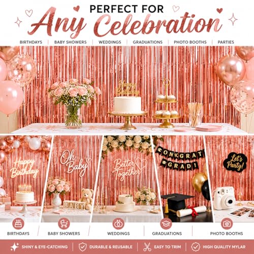 2 Pack Rose Gold Fringe Curtain Backdrop, Metallic Foil Streamers 3.2 x 6.4 FT, Tinsel Photo Booth Backdrop for Birthday, Baby Shower, Bachelorette, Graduation, Wedding Party Decorations - color: Rose Gold