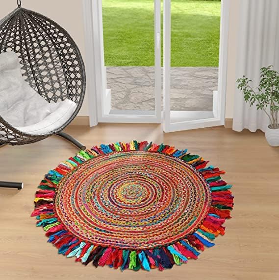 GRUHUM Jute Area Rug 6ft-Natural Fiber Round Cotton Fringes Handmade Boho Multicolour Soft Braided Rustic Vintage for Indoor Outdoor Kitchen Bedroom Living Room Hallways Enterway (6'ft Round) - color: Red/Multicolor 31, size: 6' (Round)
