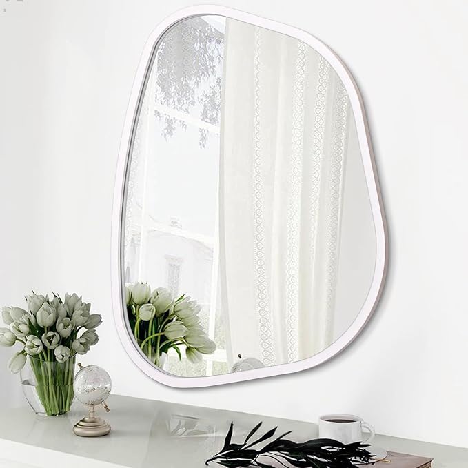 Irregular Oval Wall Mirror Large White 20"x16" Inches Asymmetrical Mirror Modern Wood Frame Unique Shape Wall Mounted Vanity Artistic Mirror Decor for Living Room Bedroom Bathroom Entryway