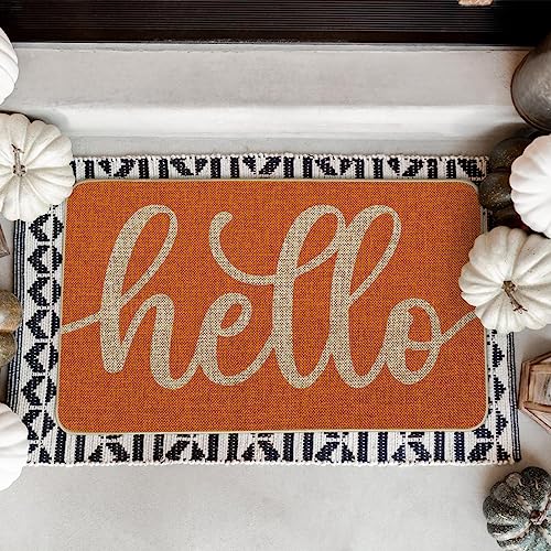 Artoid Mode Orange Hello Fall Doormat, Autumn Home Decor Low-Profile Switch Rug Door Mat Floor Mat for Indoor Outdoor 17x29 Inch - color: Orange, size: 17" x 29"