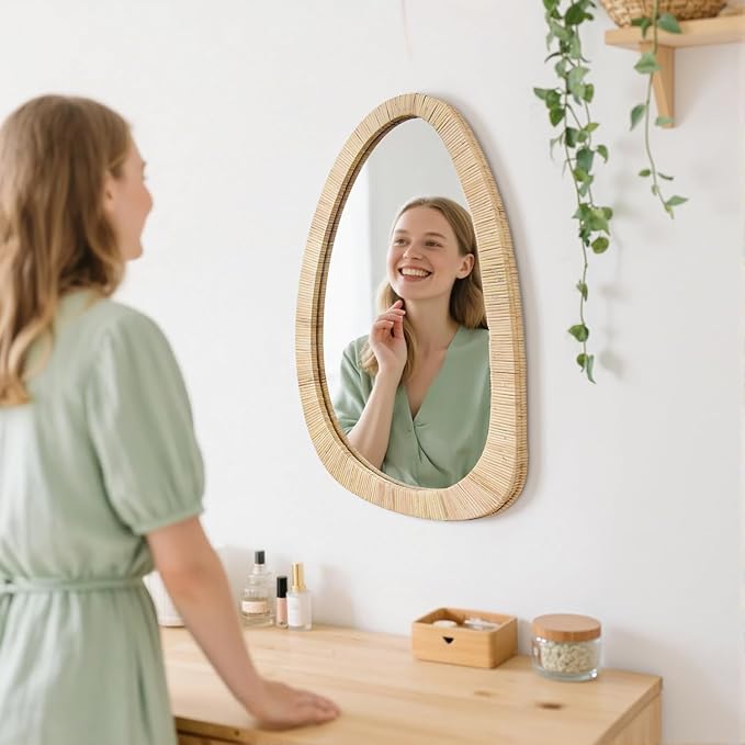 sawsile Rattan Mirror,30x20 Irregular Boho Bathroom Rattan Farmhouse Wicker Asymmetrical Wood Wall Mirror for Nursery,Bathroom,Living Room,Washroom
