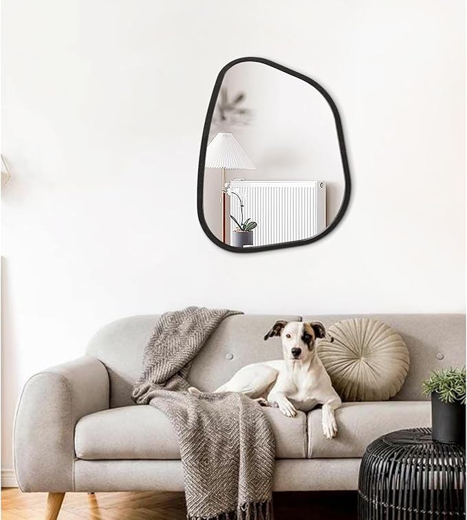 Asymmetrical Mirror Large 20"x16" Irregular Oval Wall Mirror Modern Wood Frame Unique Shape Wall Mounted Vanity Artistic Mirror Decorative for Living Room Bedroom Bathroom Entryway Hallway